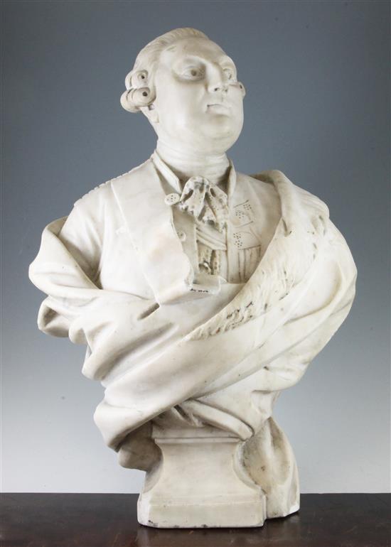 In the manner of Louis-Simon Boizot. An early 19th century French carved marble bust of Louis XVI, 24in.